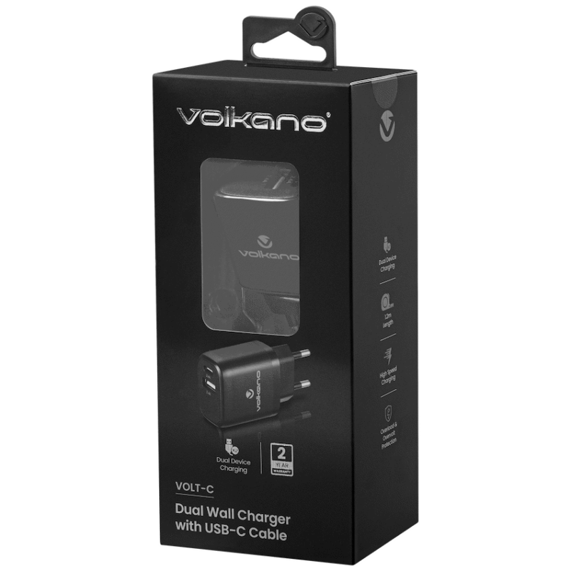 Volkano Volt-C Series Dual USB and USB-C Wall Charger with USB to USB-C Cable Included
