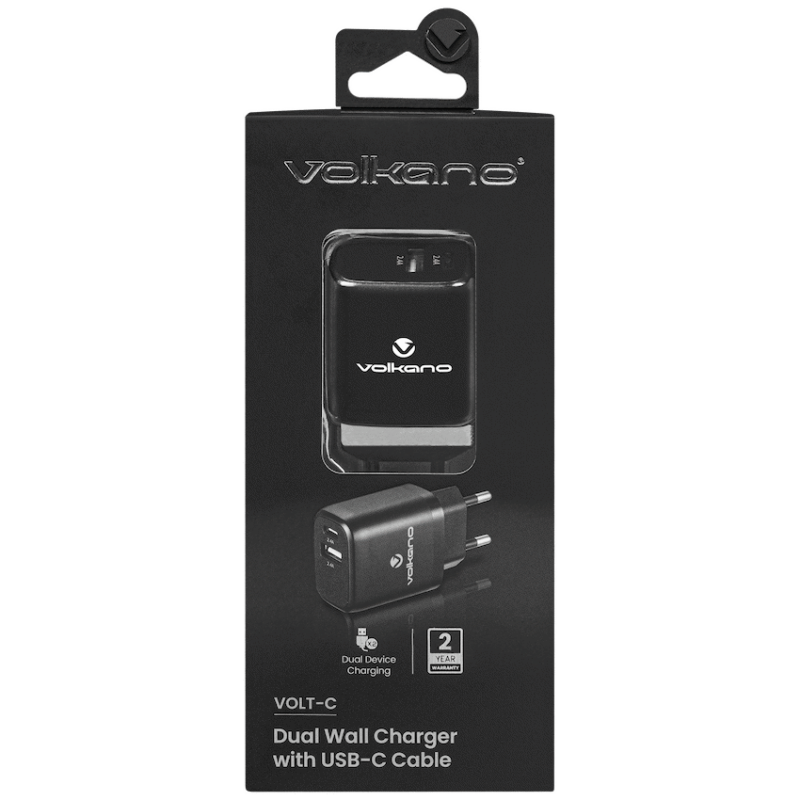 Volkano Volt-C Series Dual USB and USB-C Wall Charger with USB to USB-C Cable Included