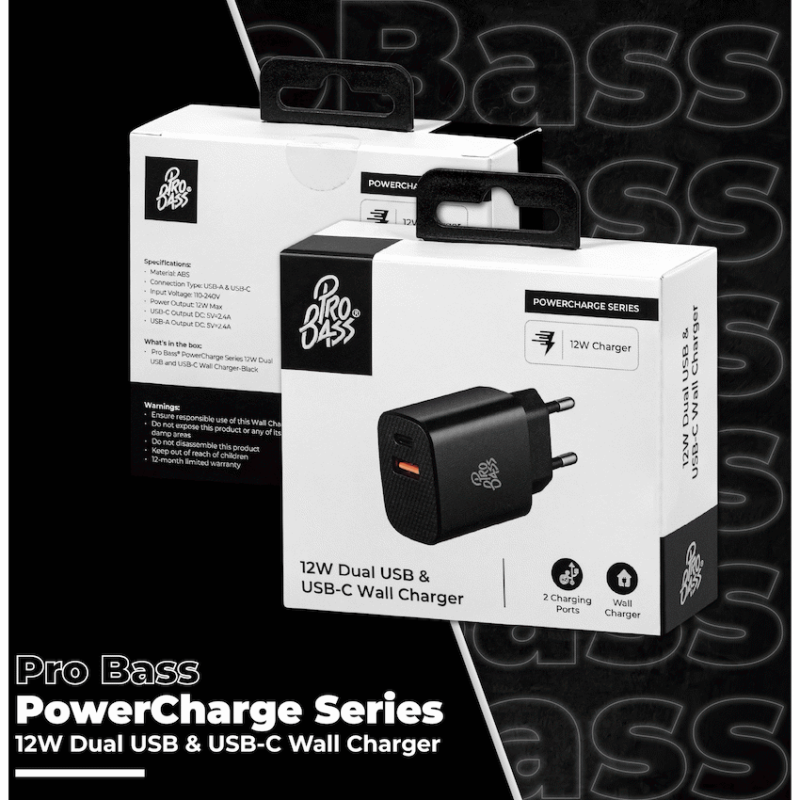 Pro Bass PowerCharge Series 12w Dual USB and Type-C Wall Charger - Black