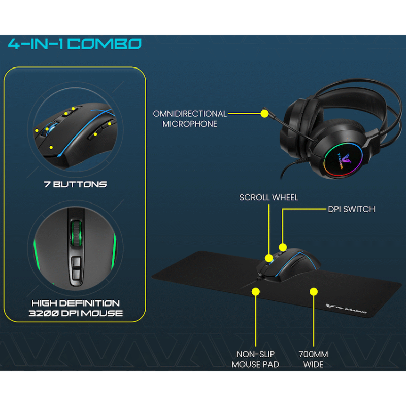 VX Gaming Heracles Series 4-in-1 Combo KB, Mouse, Mousepad, Headset