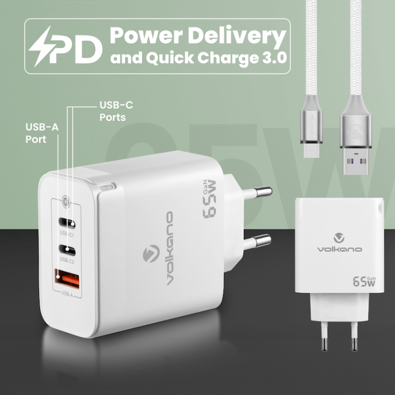 Volkano Potent Trio 65w GaN 3 Port Wall Charger