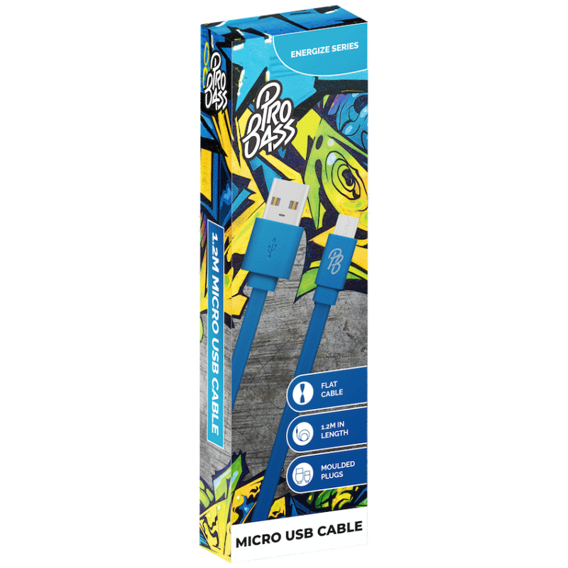 Pro Bass Energize Series Packaged Micro USB Cable - Blue 1.2m