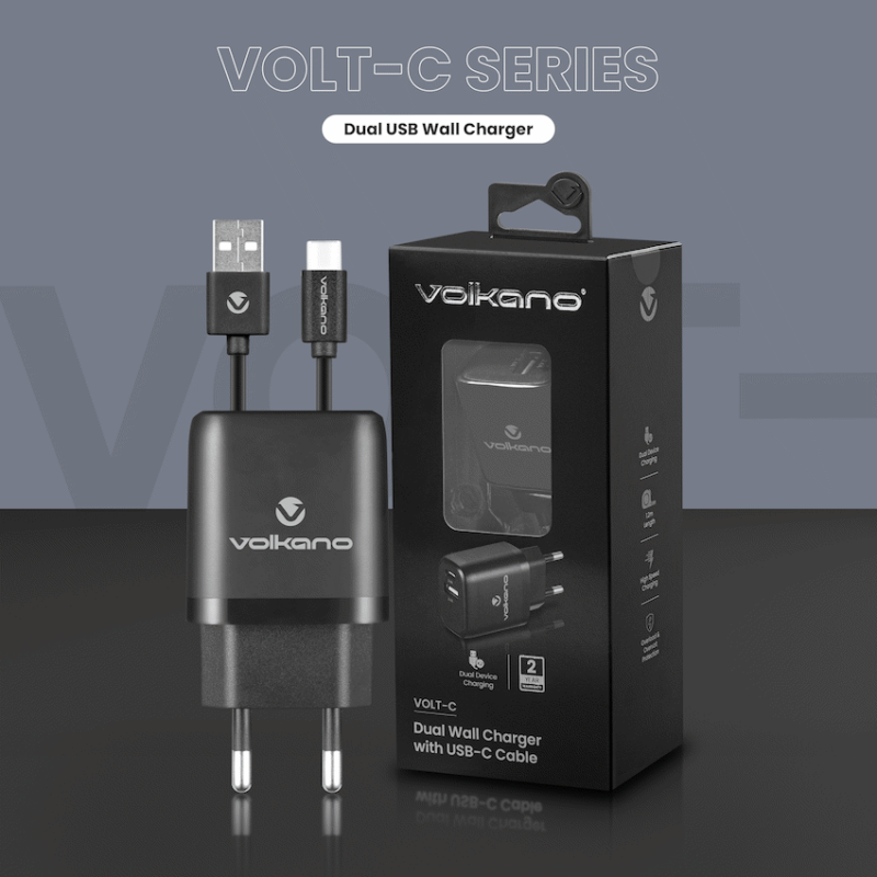 Volkano Volt-C Series Dual USB and USB-C Wall Charger with USB to USB-C Cable Included
