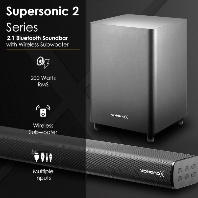 VolkanoX Supersonic 2 Series 2.1 200w Soundbar System with Wireless Subwoofer - Black