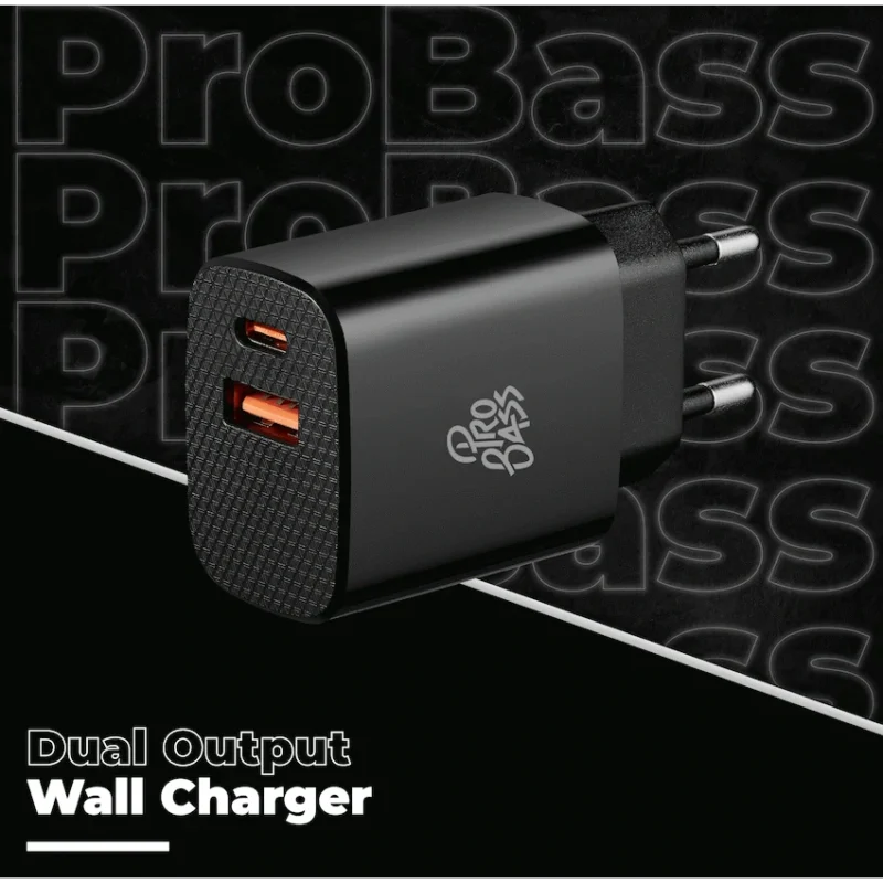 Pro Bass PowerCharge Series 12w Dual USB and Type-C Wall Charger - Black