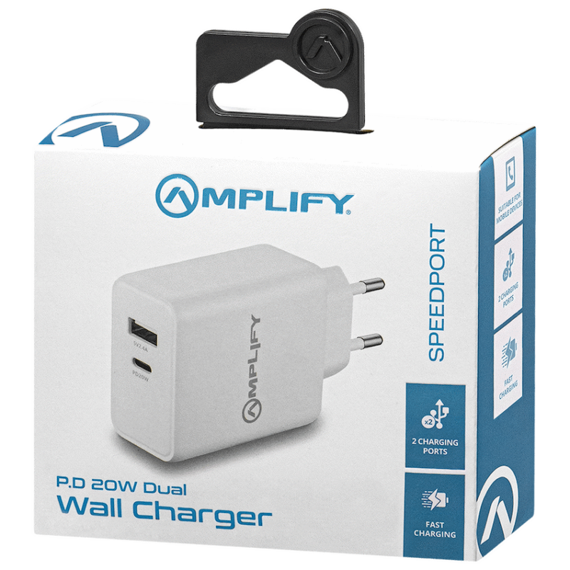 Amplify P.D. 20w Plus USB 12w Dual Wall Charger - White