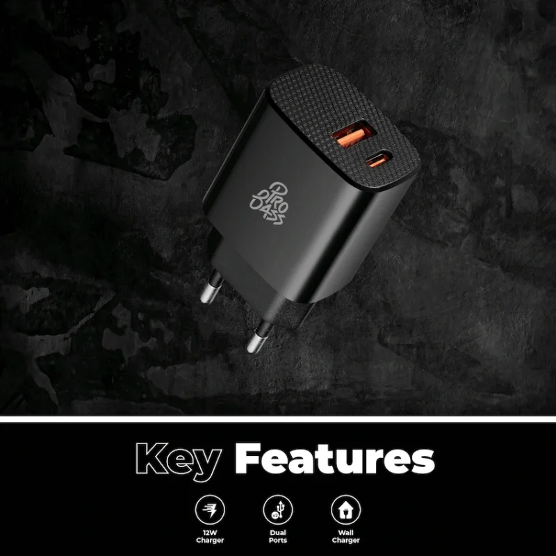 Pro Bass PowerCharge Series 12w Dual USB and Type-C Wall Charger - Black
