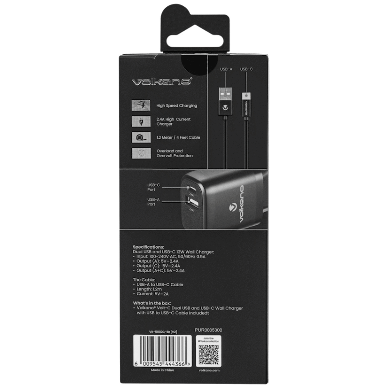 Volkano Volt-C Series Dual USB and USB-C Wall Charger with USB to USB-C Cable Included